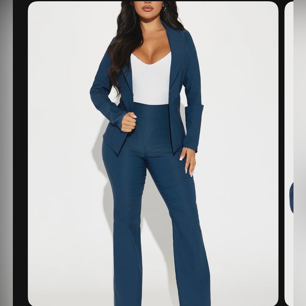 Women’s Slate blue pantsuit. Brand new. Also white dress shirt bodysuit
